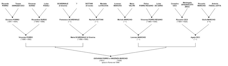 Ascendenza Giovanni Porro (*1921 +2013), fu Vincenzo Porro (di On.le Giovanni Porro-Iannuzzi e Riccardina D´Urso-Fasoli Jatta) e Maria Scardinale-Sottani di Gravina ... unitosi a... (Vinc)Enza Marchio (*1936) di Lorenzo Marchio (fu Comm. Michele Marchio-Veltri e Vincenza Porro Regano-de Sario) e Agata Ceci, fu On.le Riccardo Ceci (di Consalvo Ceci-Barone e Mariangiola Spagnoletti Zeuli-Lamonica) e Giulia Marchio (di Riccardo Marchio-Ceci e Antonia Fasoli-Jatta)